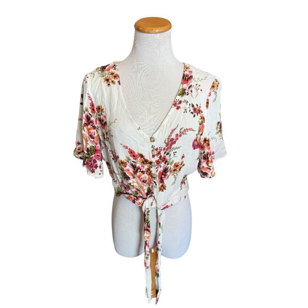 Womens Poly & Esther Floral Print Tie Front Boho Cropped Top - Sz L